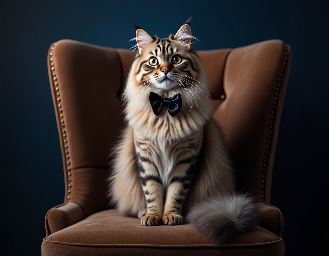 Photorealistic image of cat posed on a luxurious velvet chair in a studio. The backdrop is a deep navy blue with soft spotlighting that highlights the cat's fur and a sleek black bowtie, giving the scene a sophisticated, formal atmosphere.