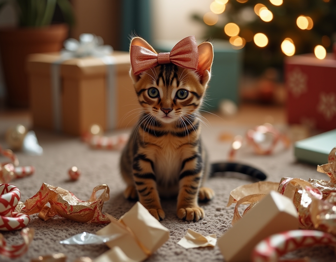 Playful cat surrounded by crumpled wrapping paper, ribbons, and empty boxes, with a shiny bow on its head. Christmas decorations and half-wrapped presents complete the festive scene.