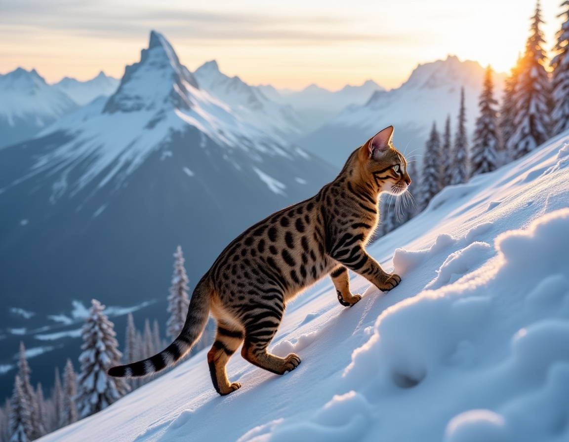 Cat climbs a snow-covered mountain, navigating the icy terrain with determination, surrounded by towering peaks and a breathtaking winter landscape.
