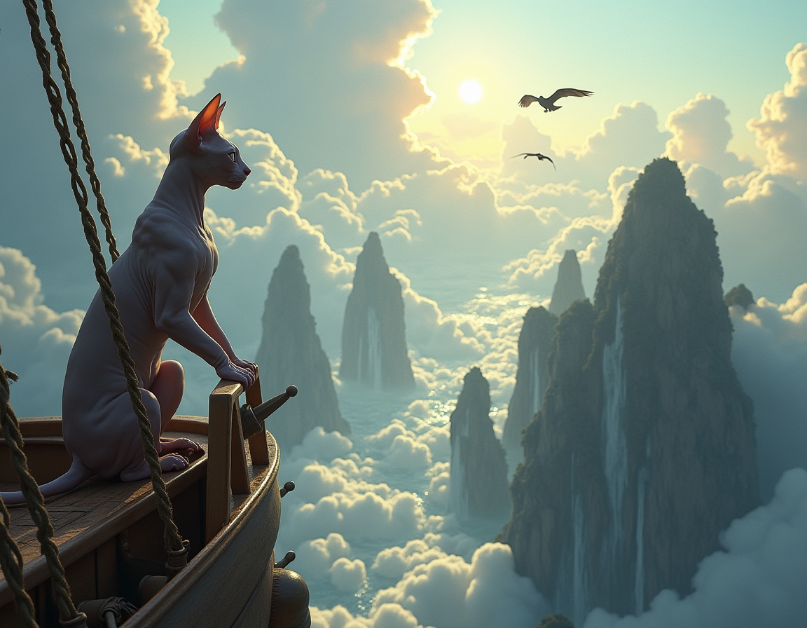 Cat captains a floating pirate ship that navigates between massive cloud-islands. Waterfalls spill over island edges, and mysterious winged creatures soar among the clouds, creating a thrilling, airborne fantasy voyage.