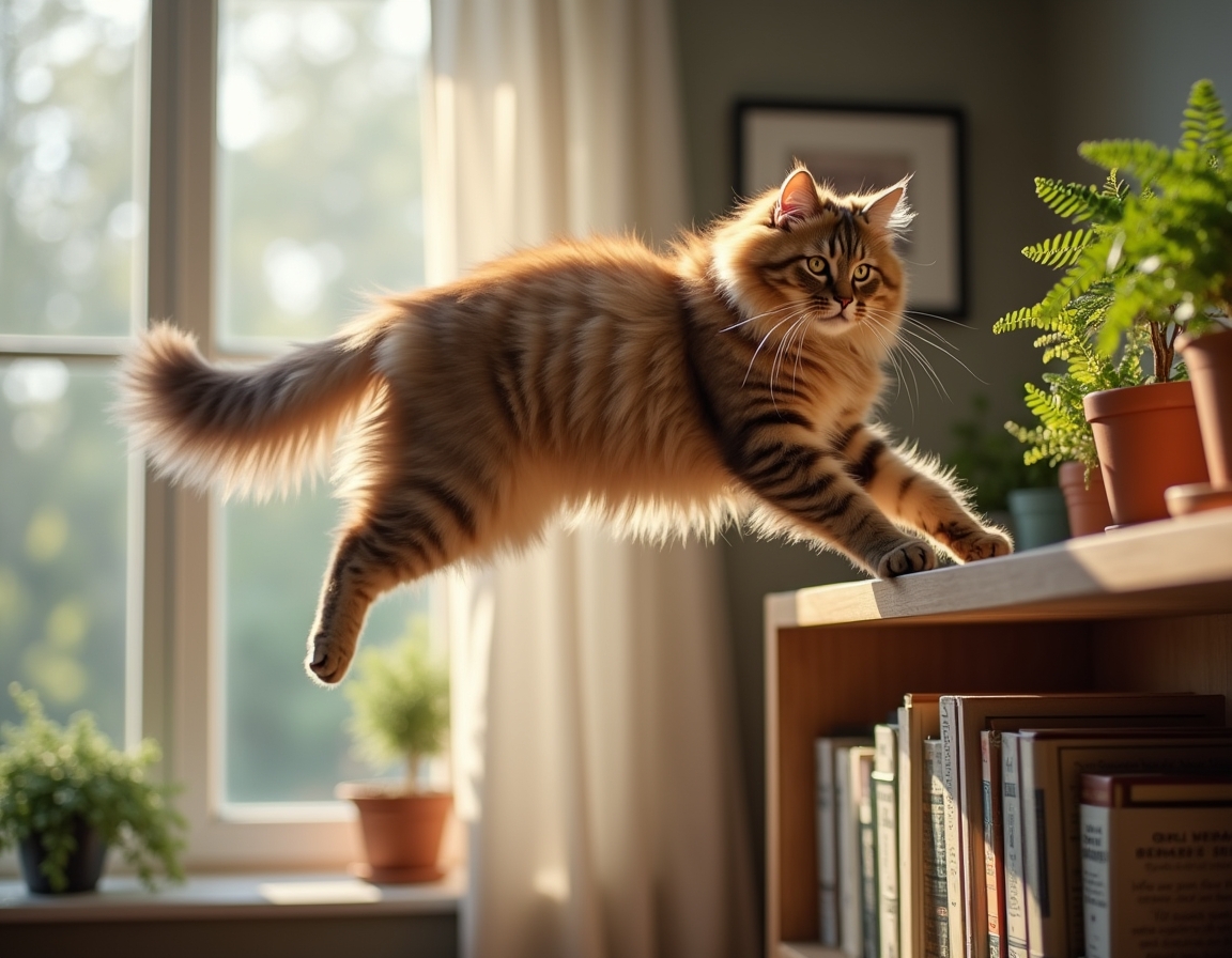 Cat leaps toward a tall shelf filled with books, plants, and framed photos. The room is well-lit with natural light, highlighting the cat’s graceful movement.