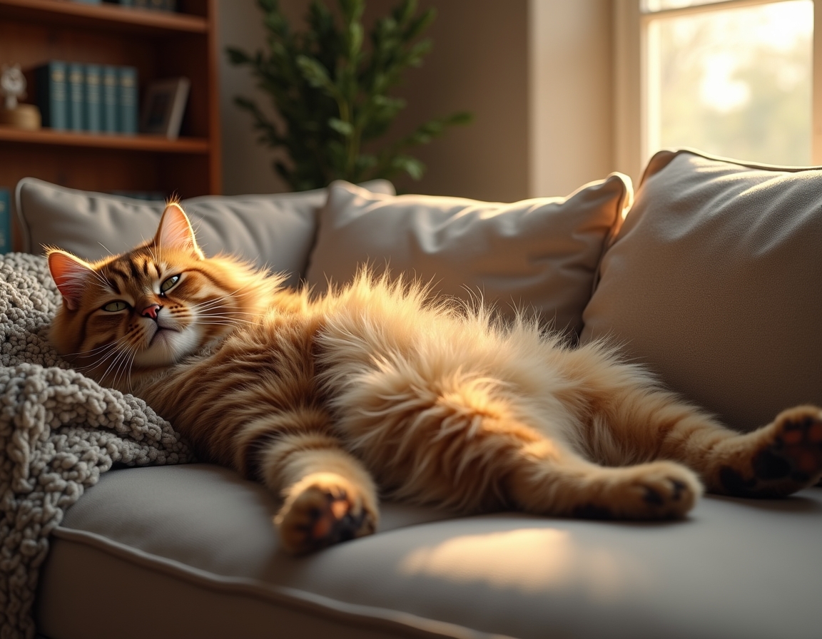 Cat sprawls lazily on a cozy couch, surrounded by decorative pillows and a draped blanket. Soft natural light from a window illuminates its fur, creating a calm, homely atmosphere.
