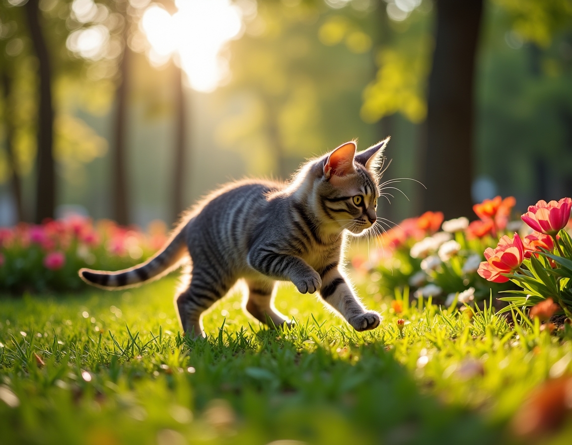 Cat enjoys a lively city park, playing and exploring the greenery amidst the urban backdrop.