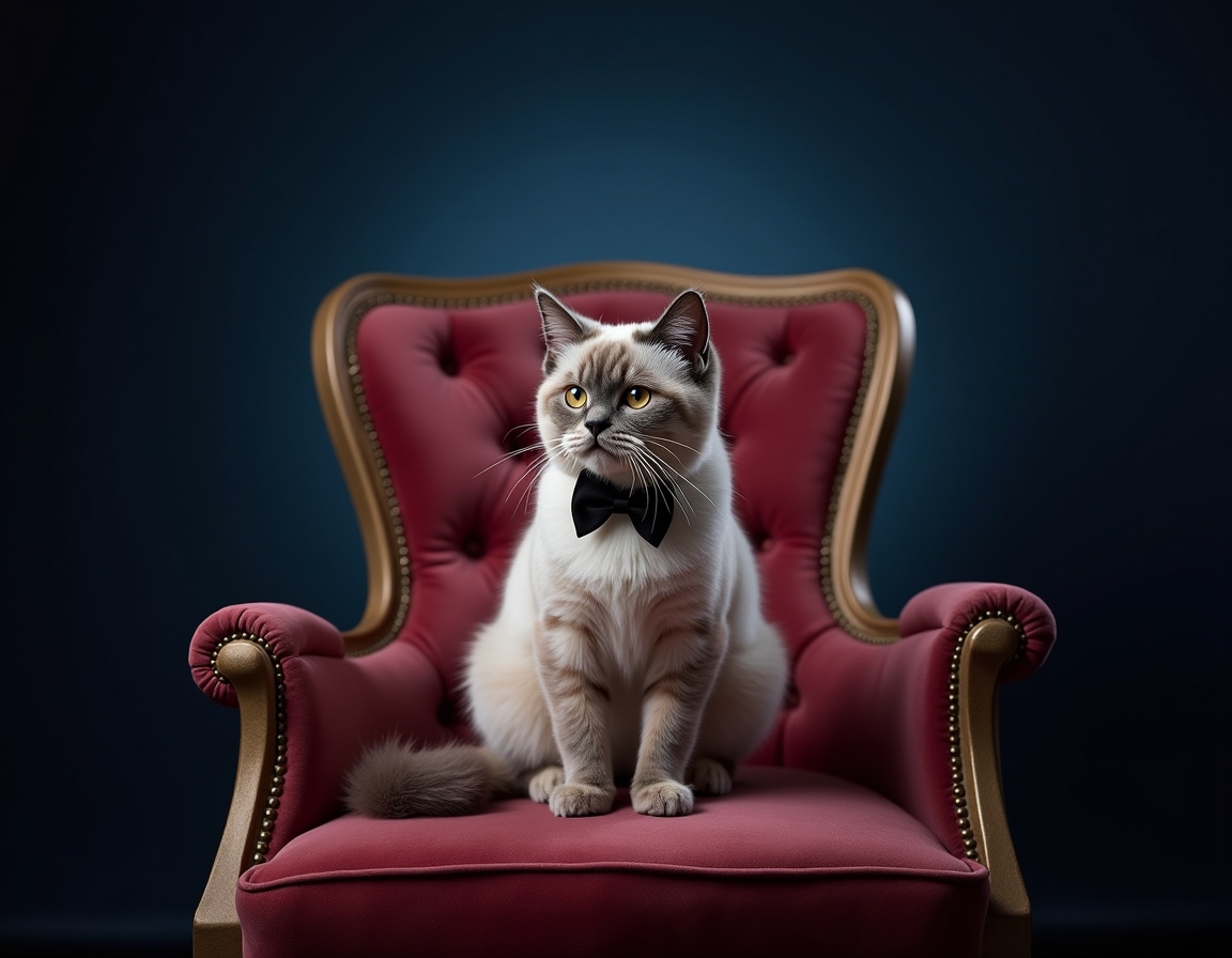 Photorealistic image of cat posed on a luxurious velvet chair in a studio. The backdrop is a deep navy blue with soft spotlighting that highlights the cat's fur and a sleek black bowtie, giving the scene a sophisticated, formal atmosphere.