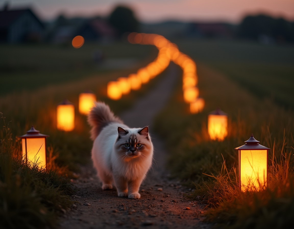 Cat enjoys a quiet walk along a farm path, illuminated by the soft glow of evening lanterns.
