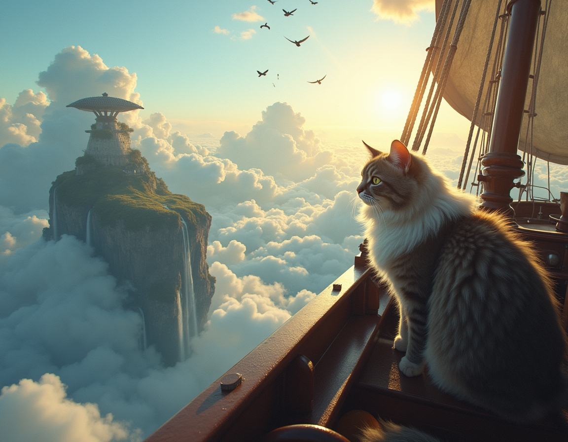 Cat captains a floating pirate ship that navigates between massive cloud-islands. Waterfalls spill over island edges, and mysterious winged creatures soar among the clouds, creating a thrilling, airborne fantasy voyage.