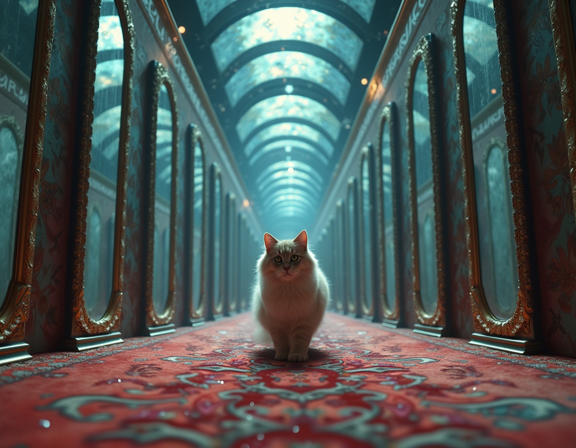Cat navigates a maze where every surface is a magic-infused mirror, reflecting surreal visions and shifting illusions. Soft, colorful light accentuates each step, turning the labyrinth into a glittering puzzle filled with wonder and mystery.