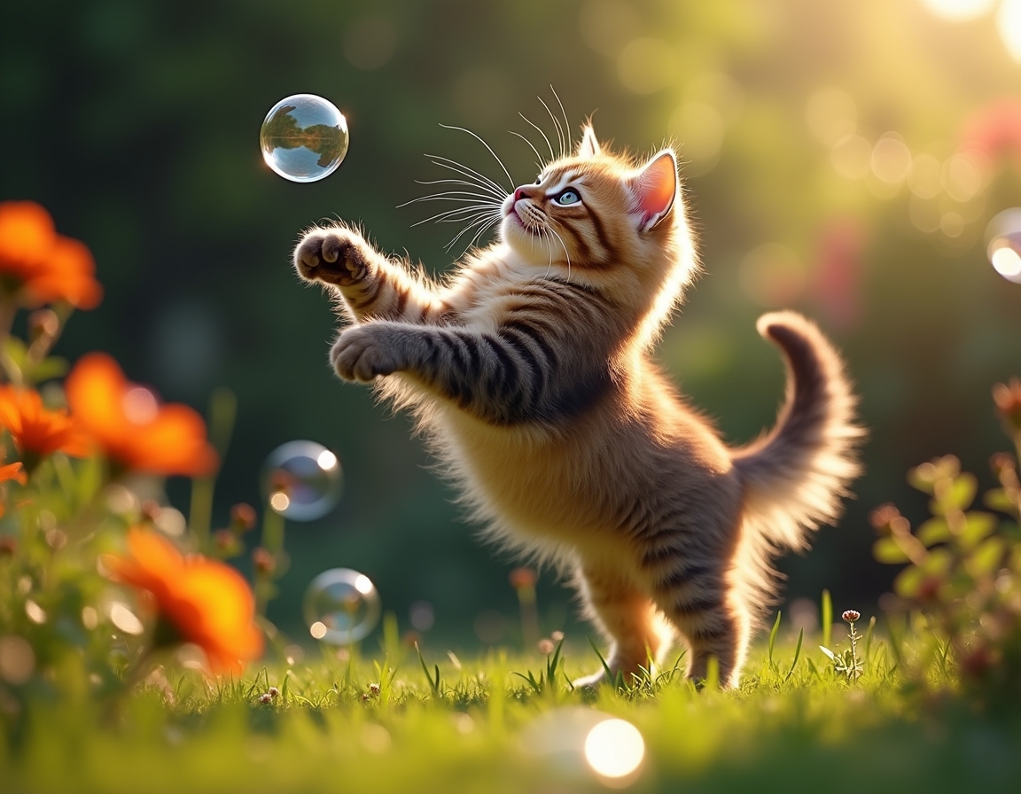 Cat leaps gracefully at a floating bubble, surrounded by a vibrant garden filled with flowers and greenery.