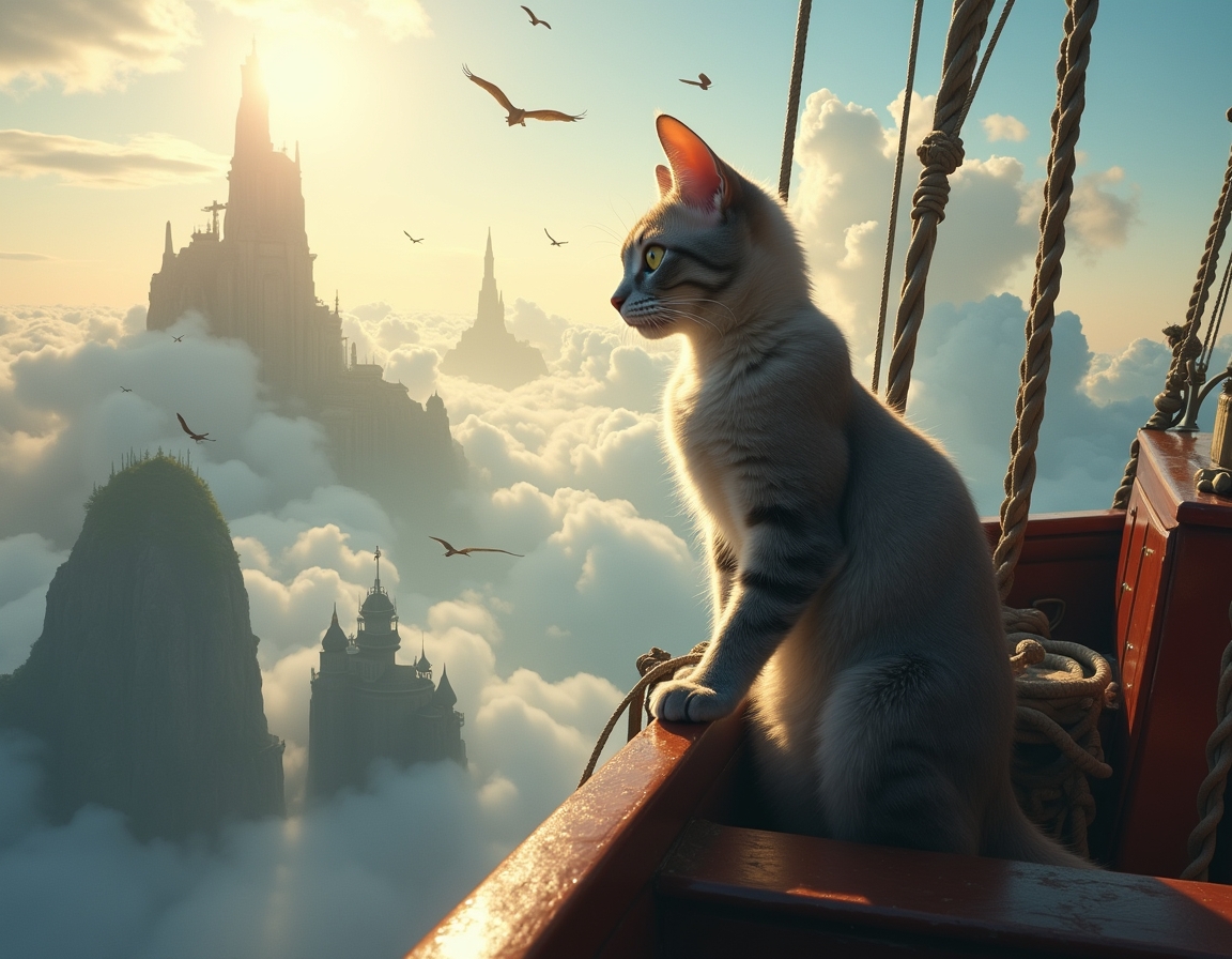 Cat captains a floating pirate ship that navigates between massive cloud-islands. Waterfalls spill over island edges, and mysterious winged creatures soar among the clouds, creating a thrilling, airborne fantasy voyage.