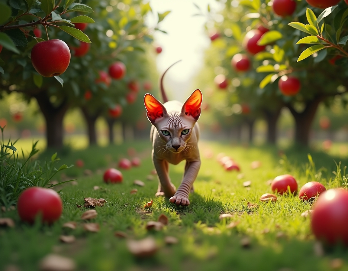 Cat explores an orchard filled with fragrant fruit and dappled sunlight.