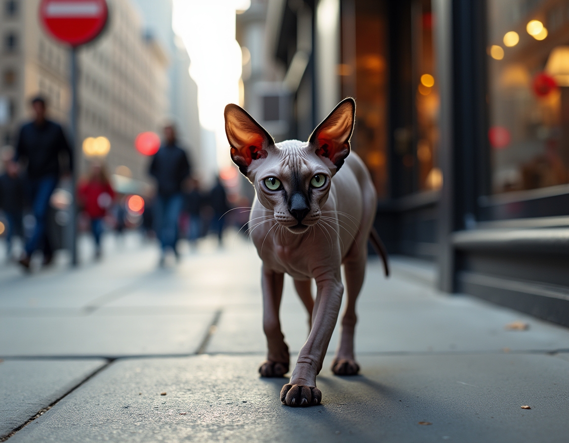 Cat strolls down a city sidewalk, confidently navigating the vibrant cityscape.