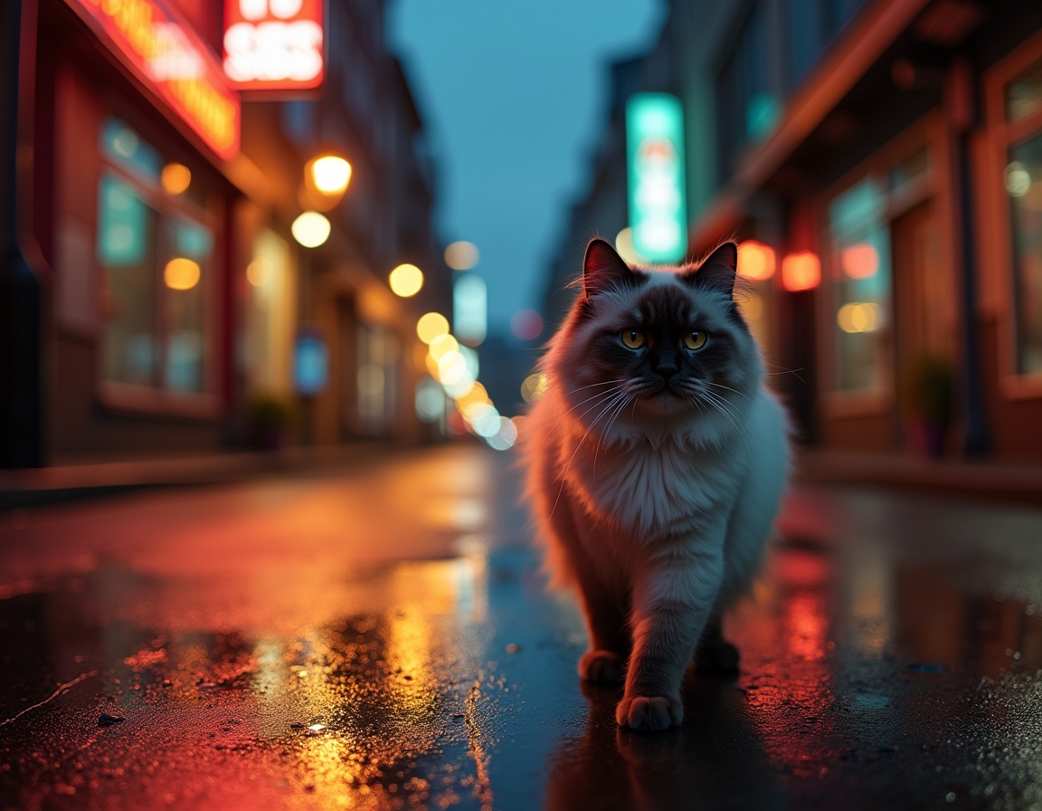 Cat walks through an illuminated cityscape, surrounded by vibrant lights and a serene vibe.