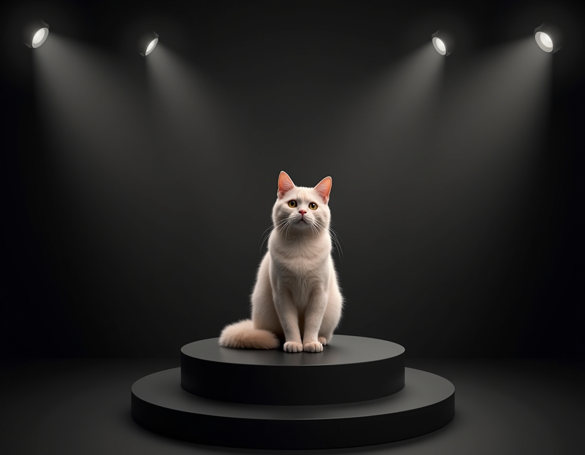 Photorealistic studio portrait of cat sitting elegantly on a black podium under a bright spotlight.
