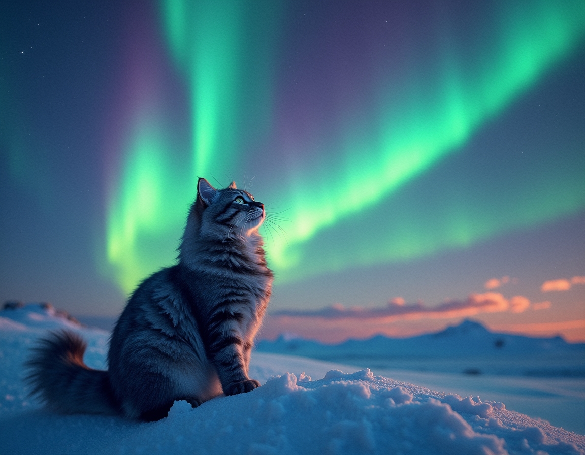 Cat watches in awe as the Northern Lights light up the night sky, casting vibrant colors across the snowy landscape, creating a surreal and magical winter adventure.