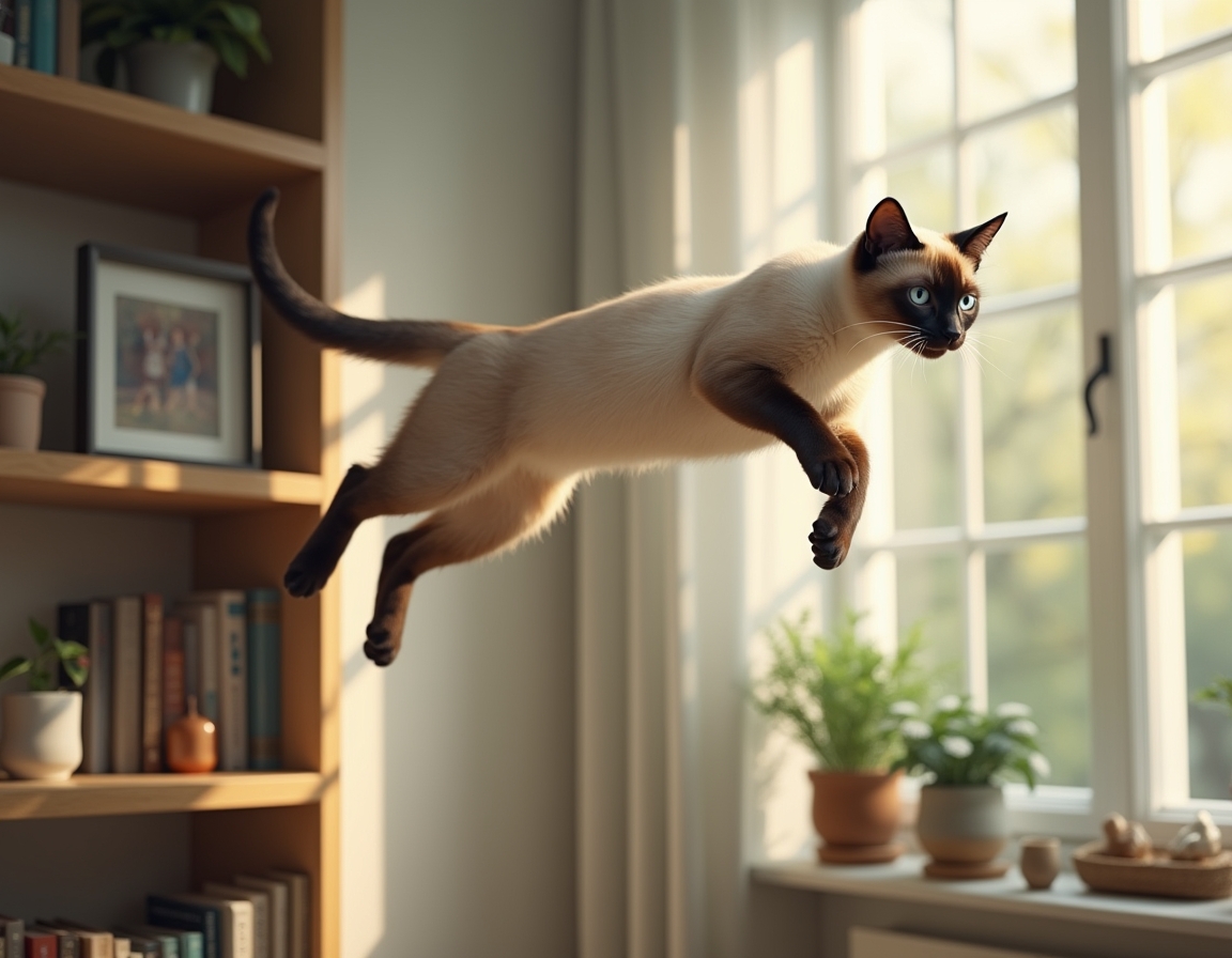 Cat leaps toward a tall shelf filled with books, plants, and framed photos. The room is well-lit with natural light, highlighting the cat’s graceful movement.