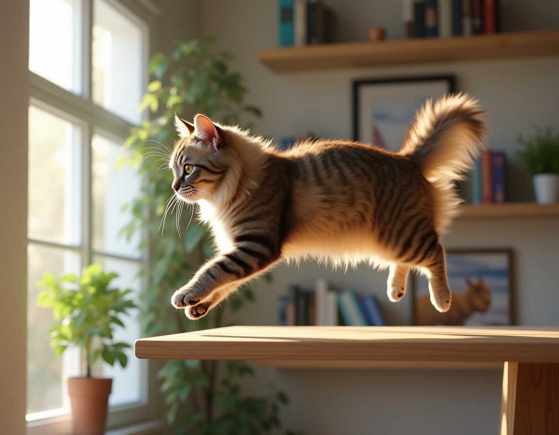 Cat leaps toward a tall shelf filled with books, plants, and framed photos. The room is well-lit with natural light, highlighting the cat’s graceful movement.
