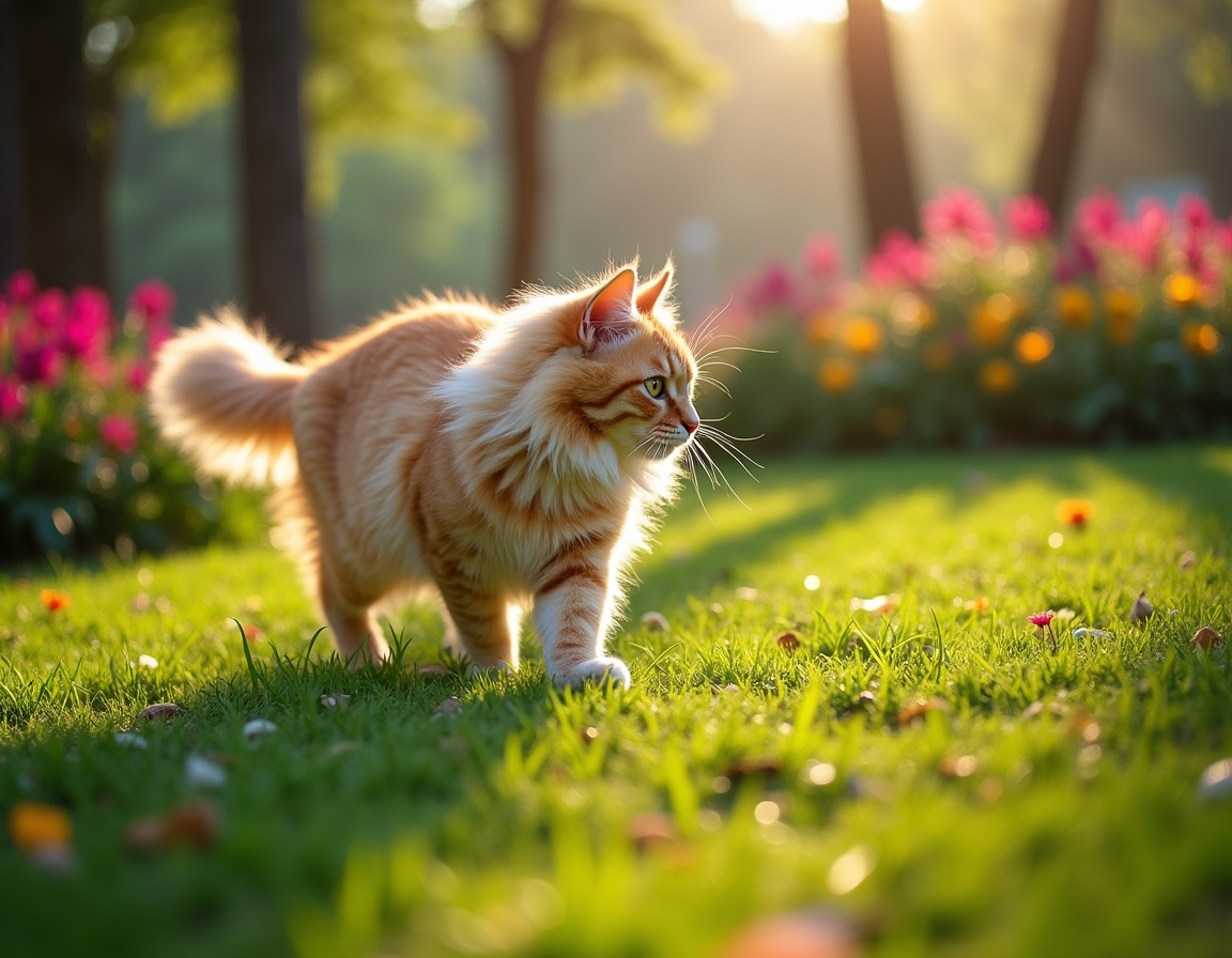 Cat enjoys a lively city park, playing and exploring the greenery amidst the urban backdrop.