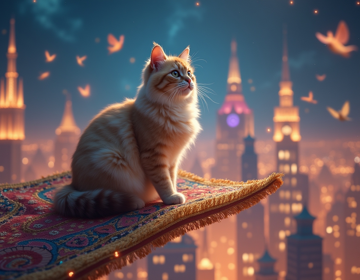 Cat sits on a flying carpet, soaring above a magical city illuminated by sparkling lights. The cat gazes at shimmering buildings and magical creatures floating around it