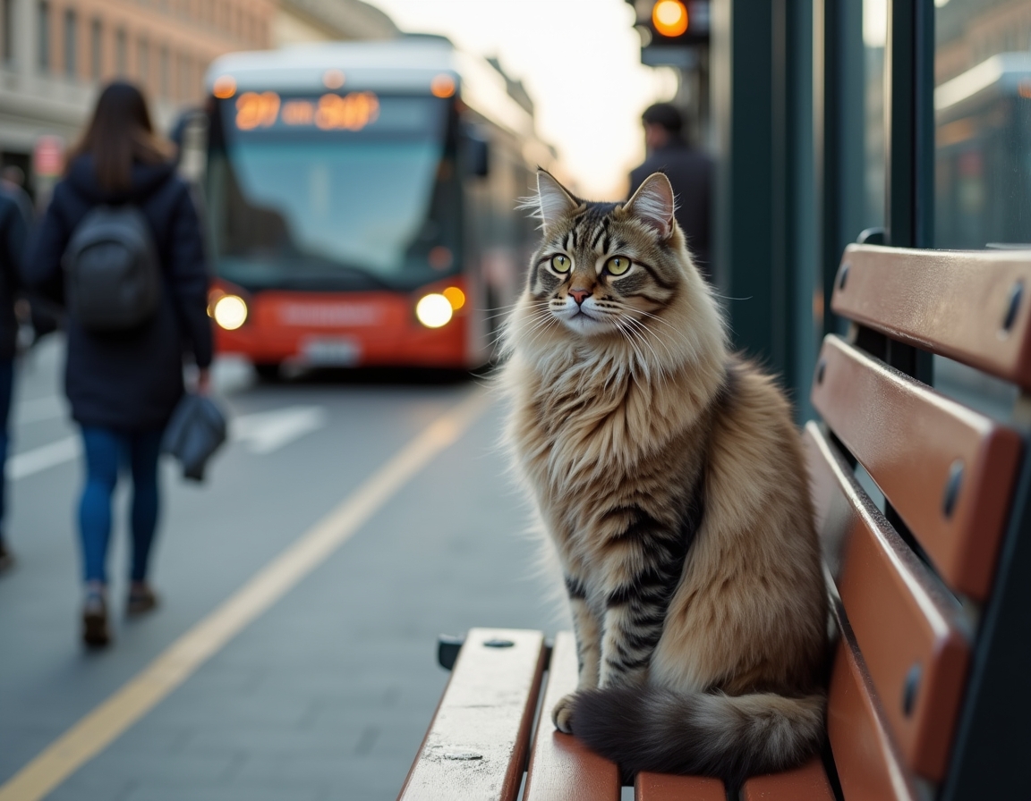 Cat observes the activity of a city bus stop, soaking in the energy of urban life.