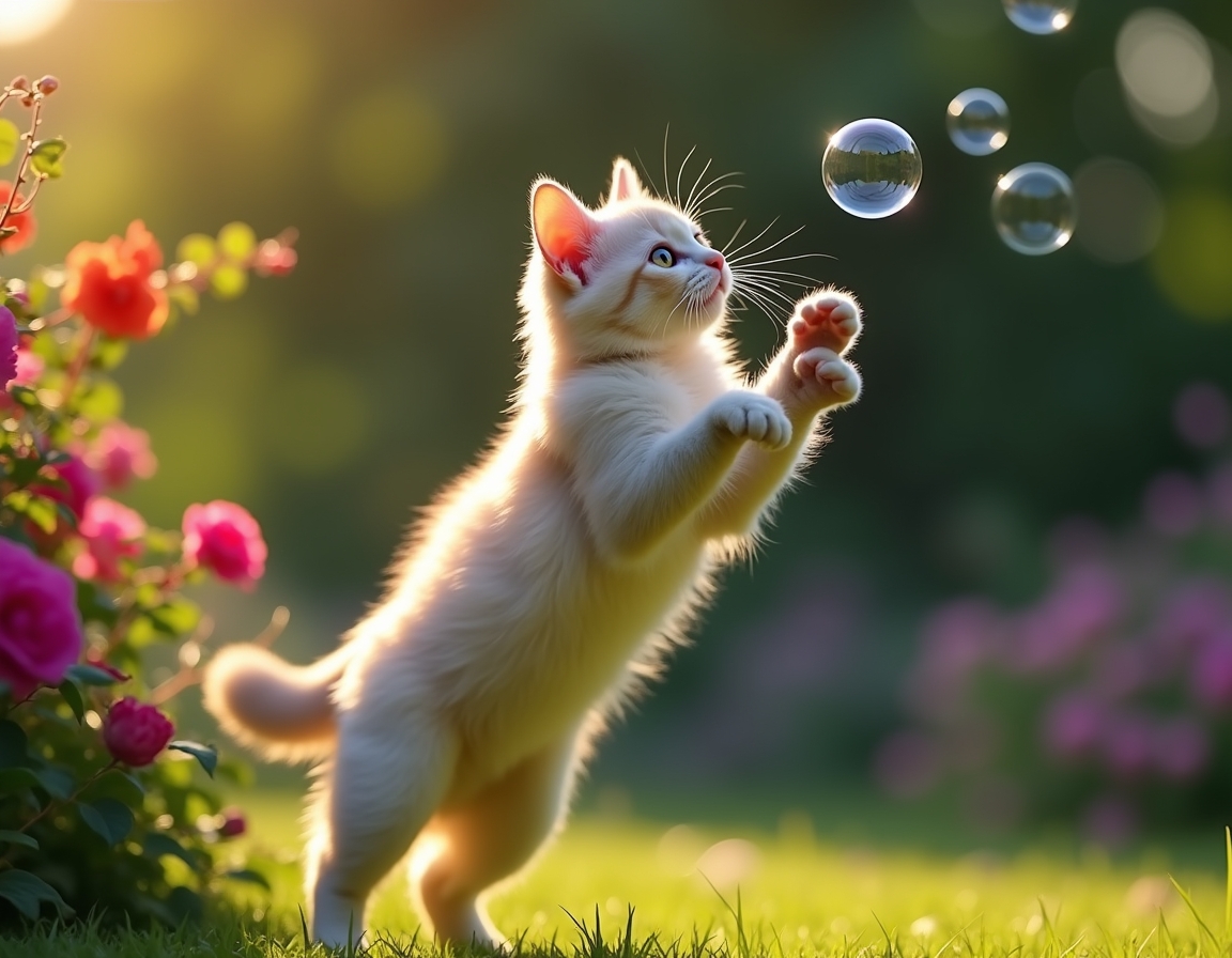 Cat leaps gracefully at a floating bubble, surrounded by a vibrant garden filled with flowers and greenery.