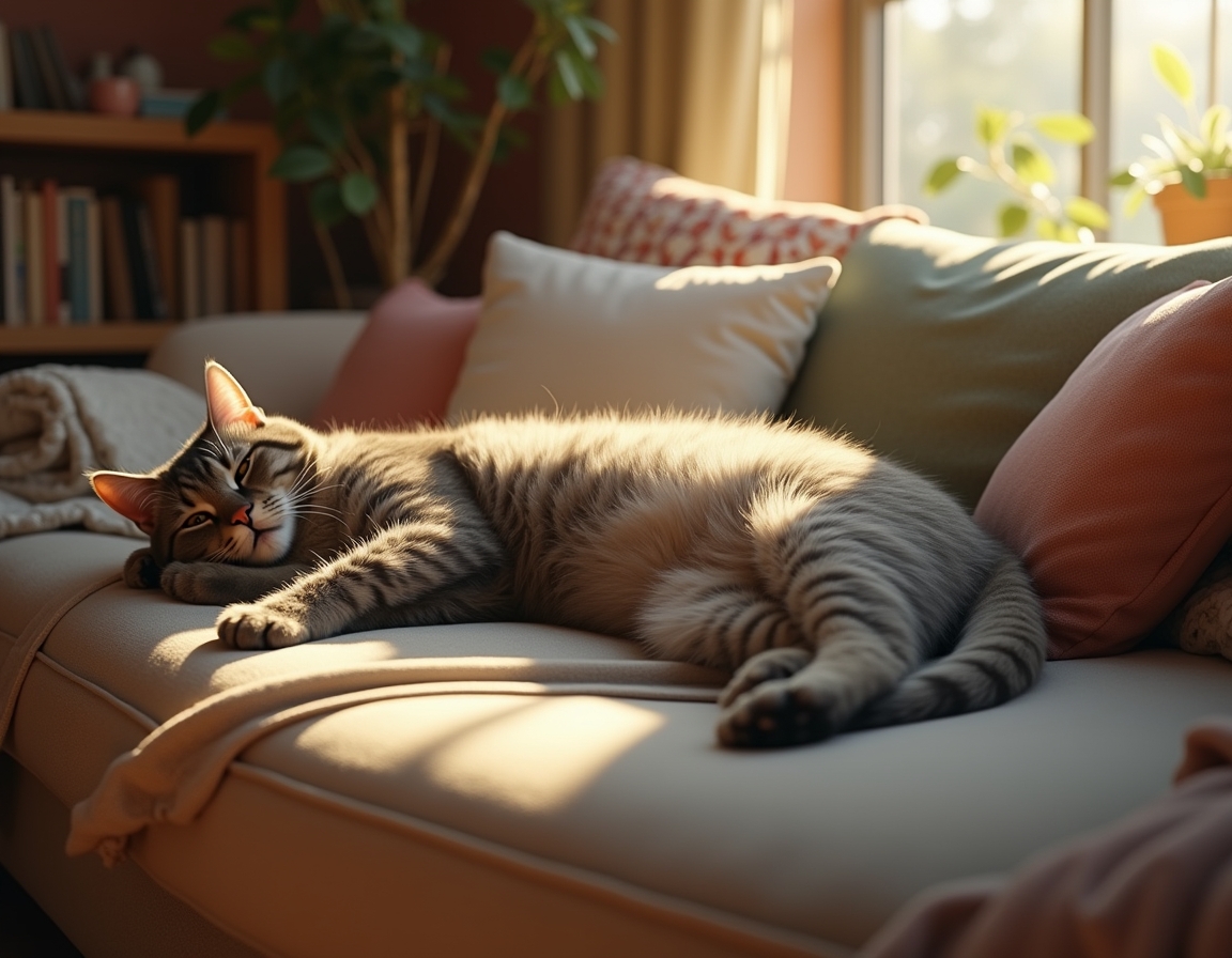Cat sprawls lazily on a cozy couch, surrounded by decorative pillows and a draped blanket. Soft natural light from a window illuminates its fur, creating a calm, homely atmosphere.