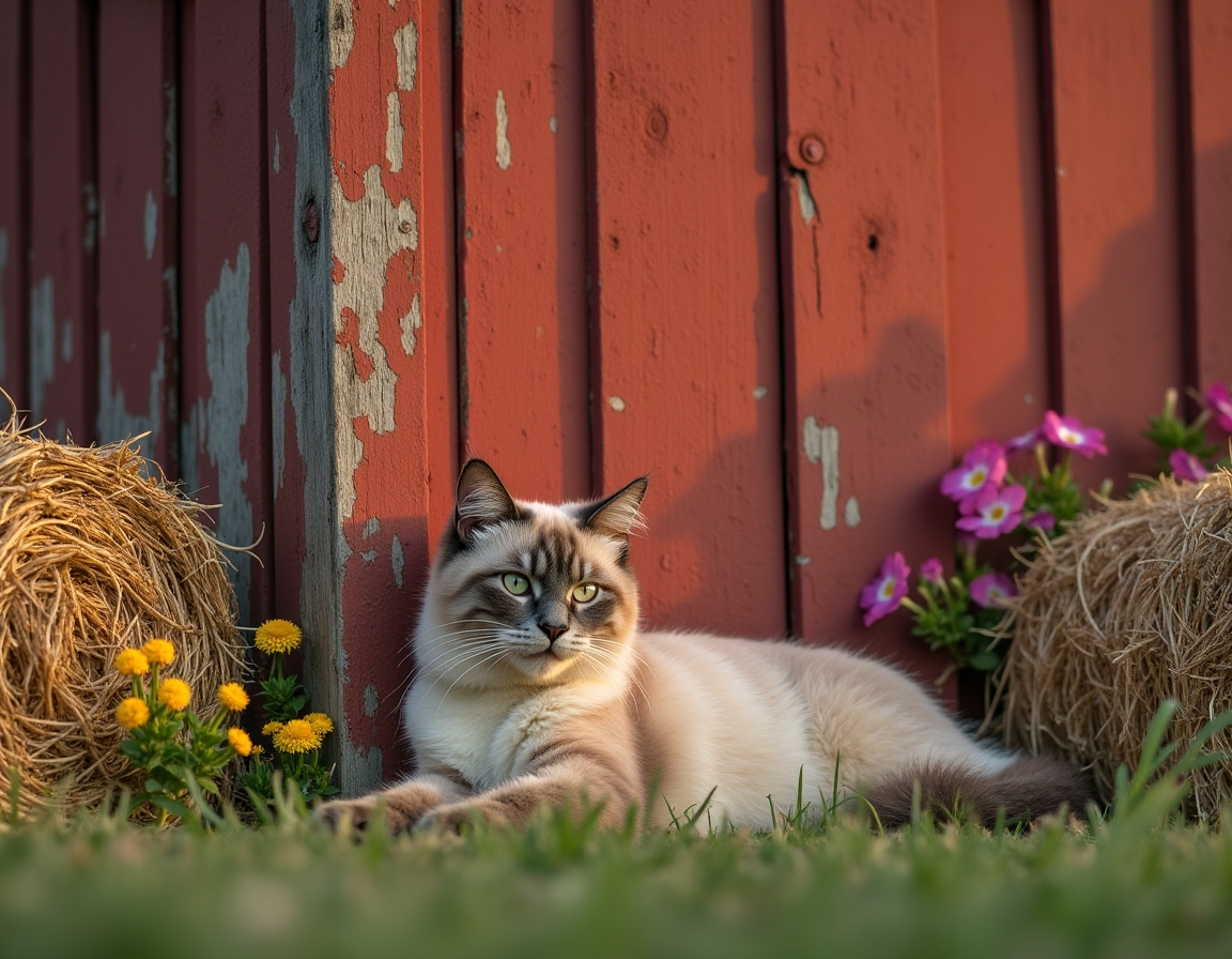Cat rests peacefully near a barn, enjoying the tranquility of the countryside.