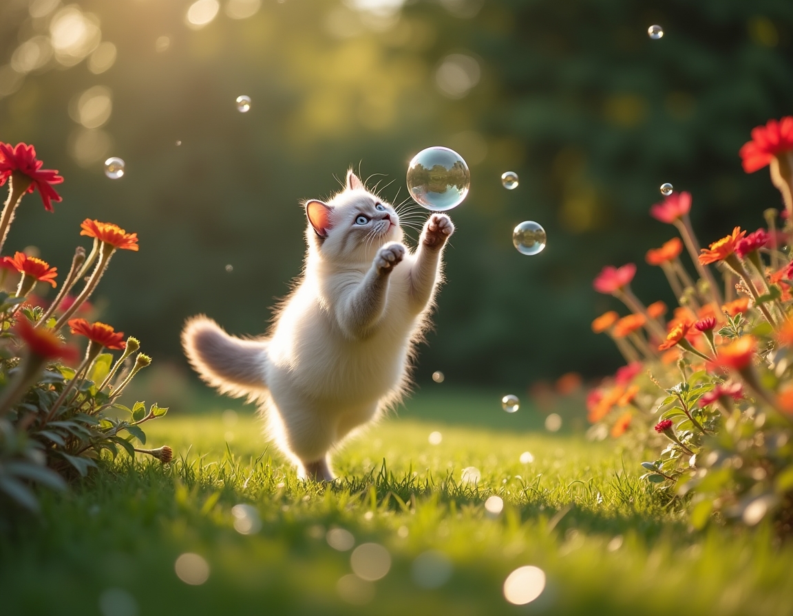 Cat leaps gracefully at a floating bubble, surrounded by a vibrant garden filled with flowers and greenery.