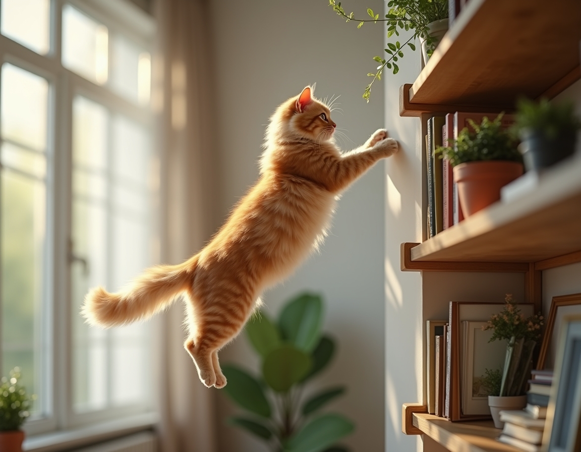 Cat leaps toward a tall shelf filled with books, plants, and framed photos. The room is well-lit with natural light, highlighting the cat’s graceful movement.