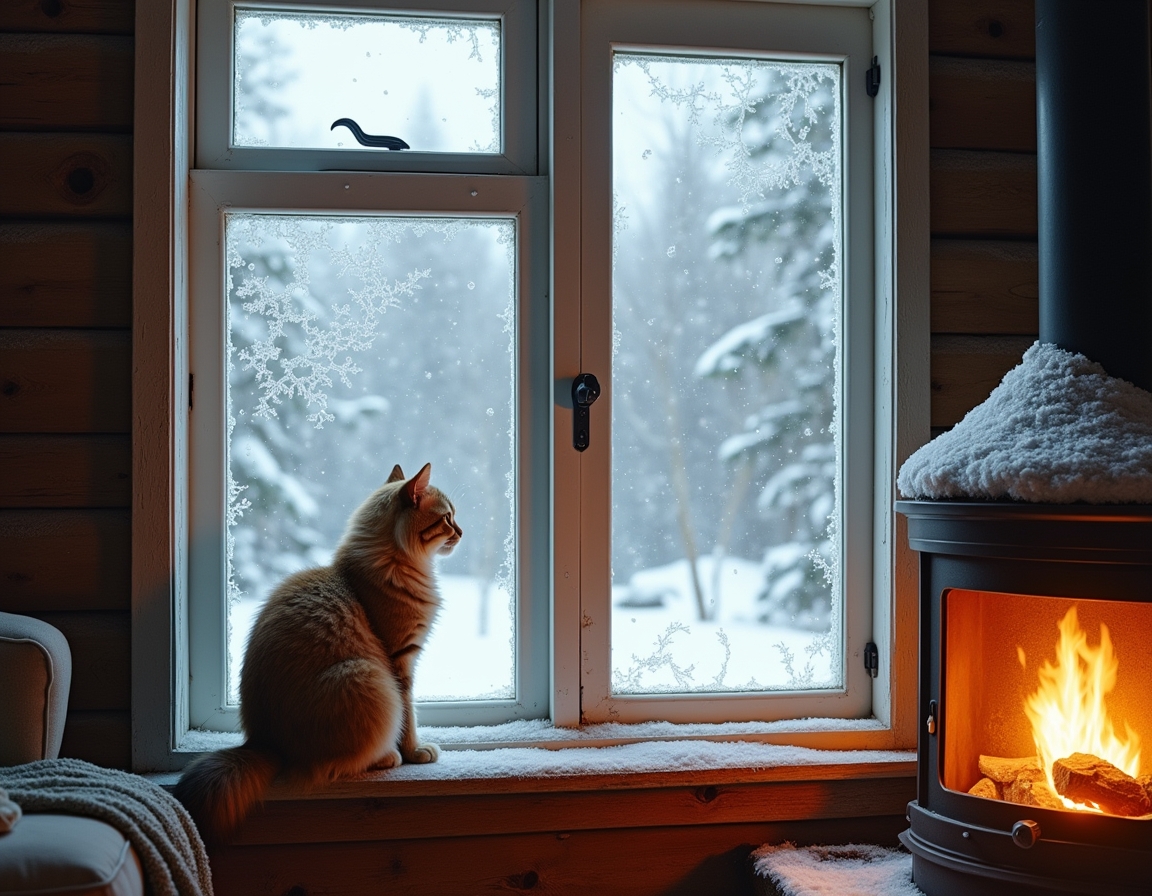 Cat looks out a frosted window at the snowy world outside, while the cozy warmth of the cabin and the glow of the fireplace create a peaceful, inviting atmosphere.