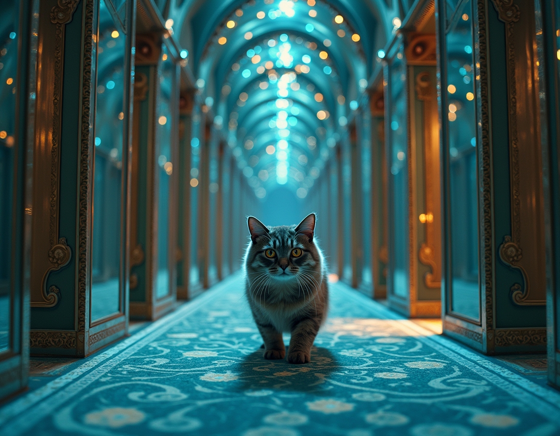 Cat navigates a maze where every surface is a magic-infused mirror, reflecting surreal visions and shifting illusions. Soft, colorful light accentuates each step, turning the labyrinth into a glittering puzzle filled with wonder and mystery.