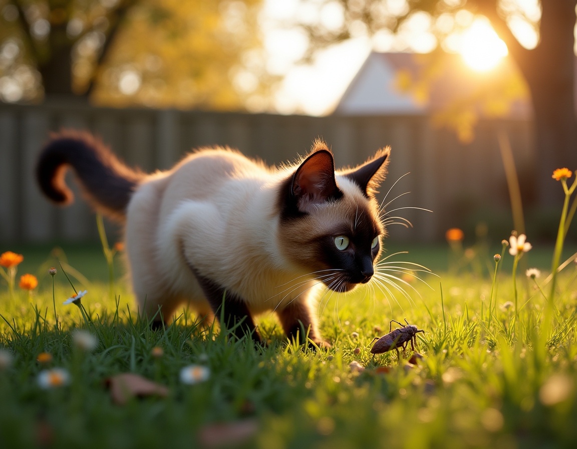 Cat crouches in tall grass, its sharp gaze fixed on a small insect nearby. The warm golden light of sunset and a wooden garden fence frame the scene.