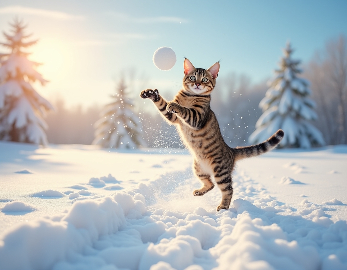 Cat leaps into the air, playfully trying to catch a snowball as it enjoys the winter wonderland with enthusiasm and excitement.