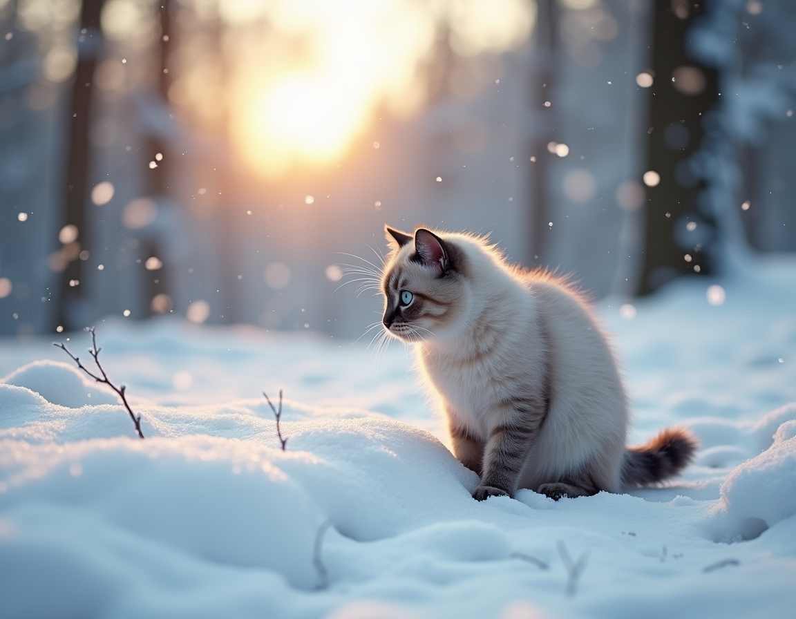 Cat explores a tranquil snowy landscape, its fur dusted with snowflakes as it observes the serene winter forest, bathed in the soft glow of the setting sun.


