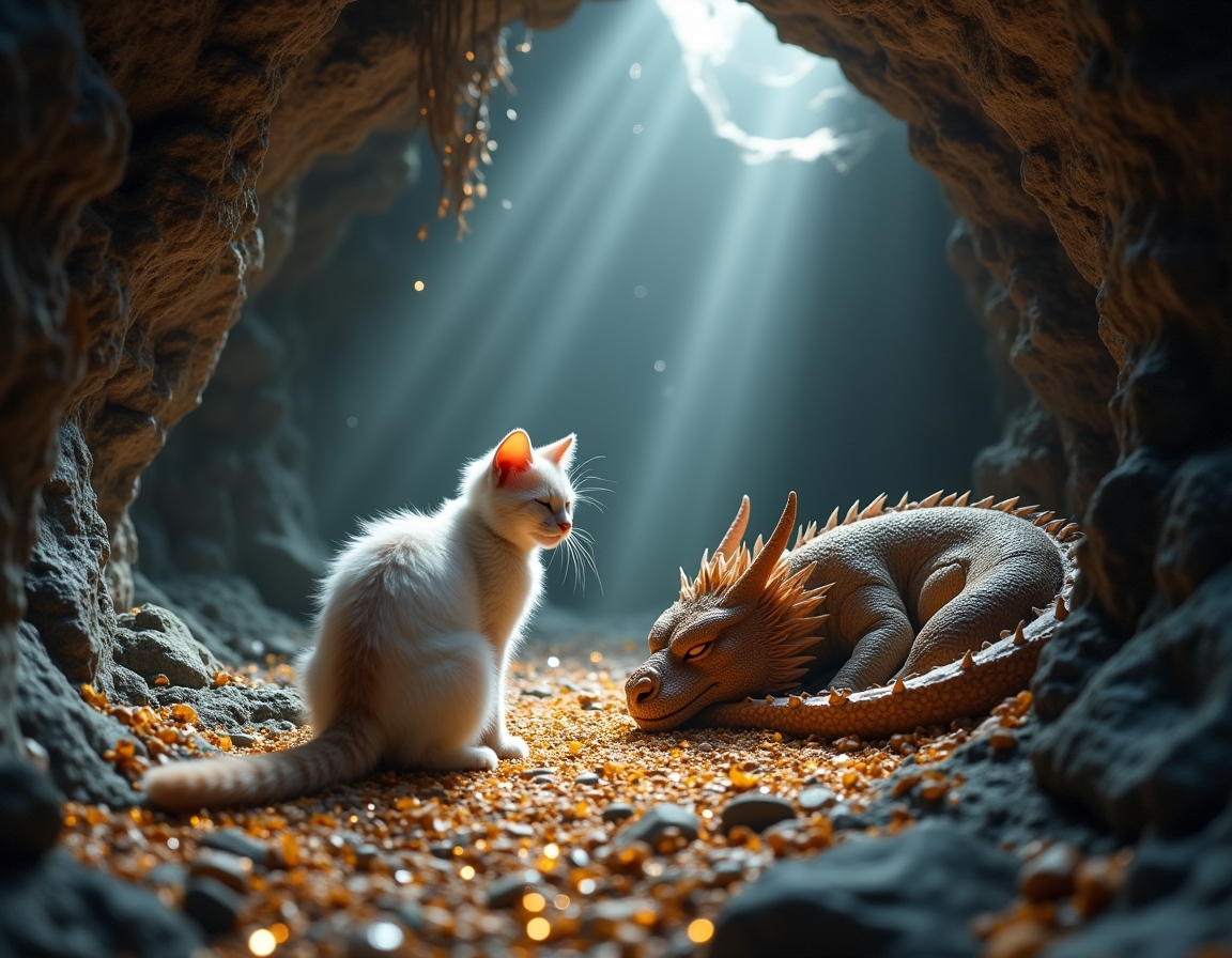 Cat explores a hidden cavern where a dragon slumbers among piles of glittering gems. Subtle beams of light illuminate the cat’s cautious journey through this fantastical realm.