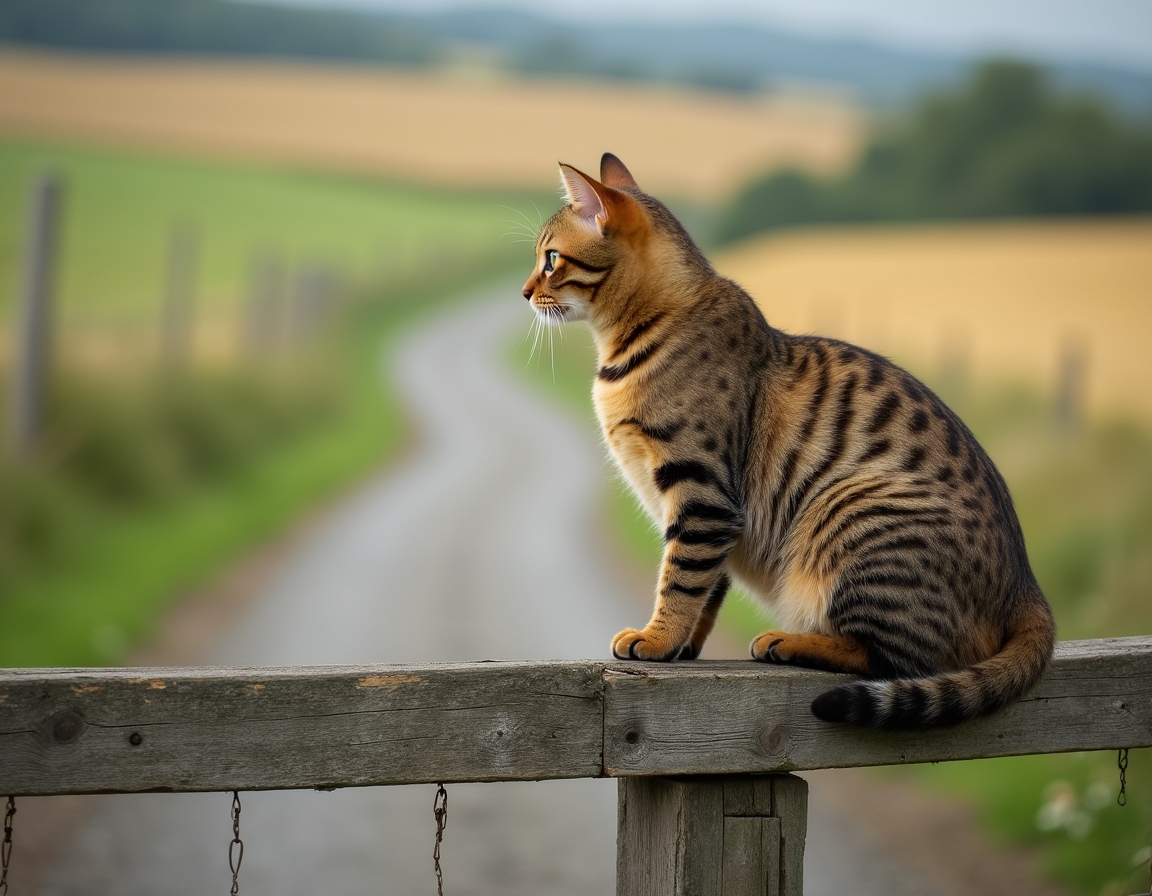 Cat gazes at the quiet beauty of a country road, framed by a weathered wooden gate.