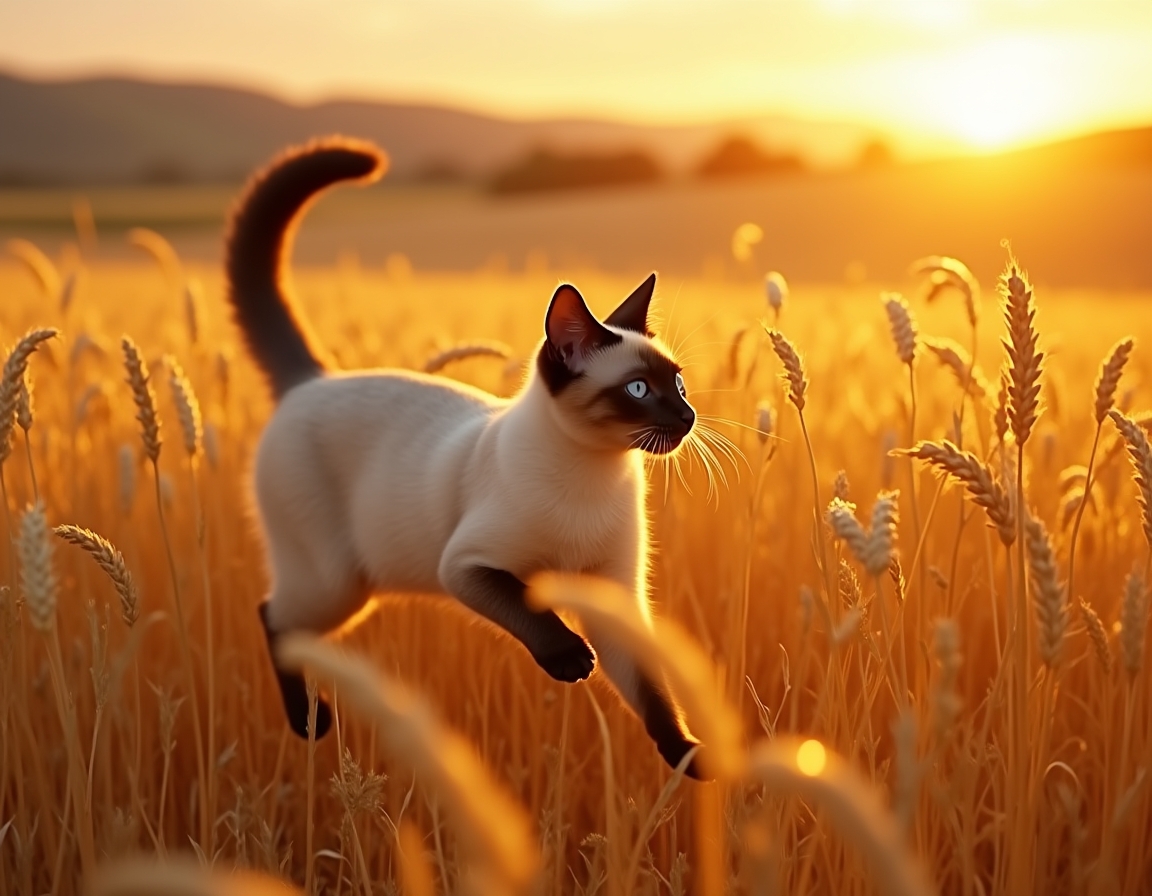 Cat sprints joyfully through a golden field, surrounded by waving wheat and warm light.
