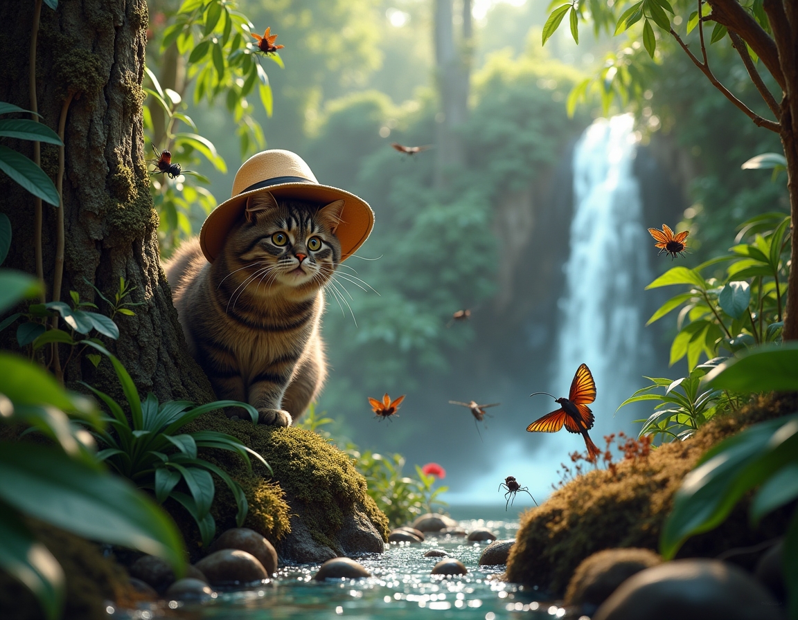 Cat wearing an explorer’s hat climbs a tree in a lush jungle. Waterfalls and dense greenery surround the scene, with sunlight filtering through the canopy.