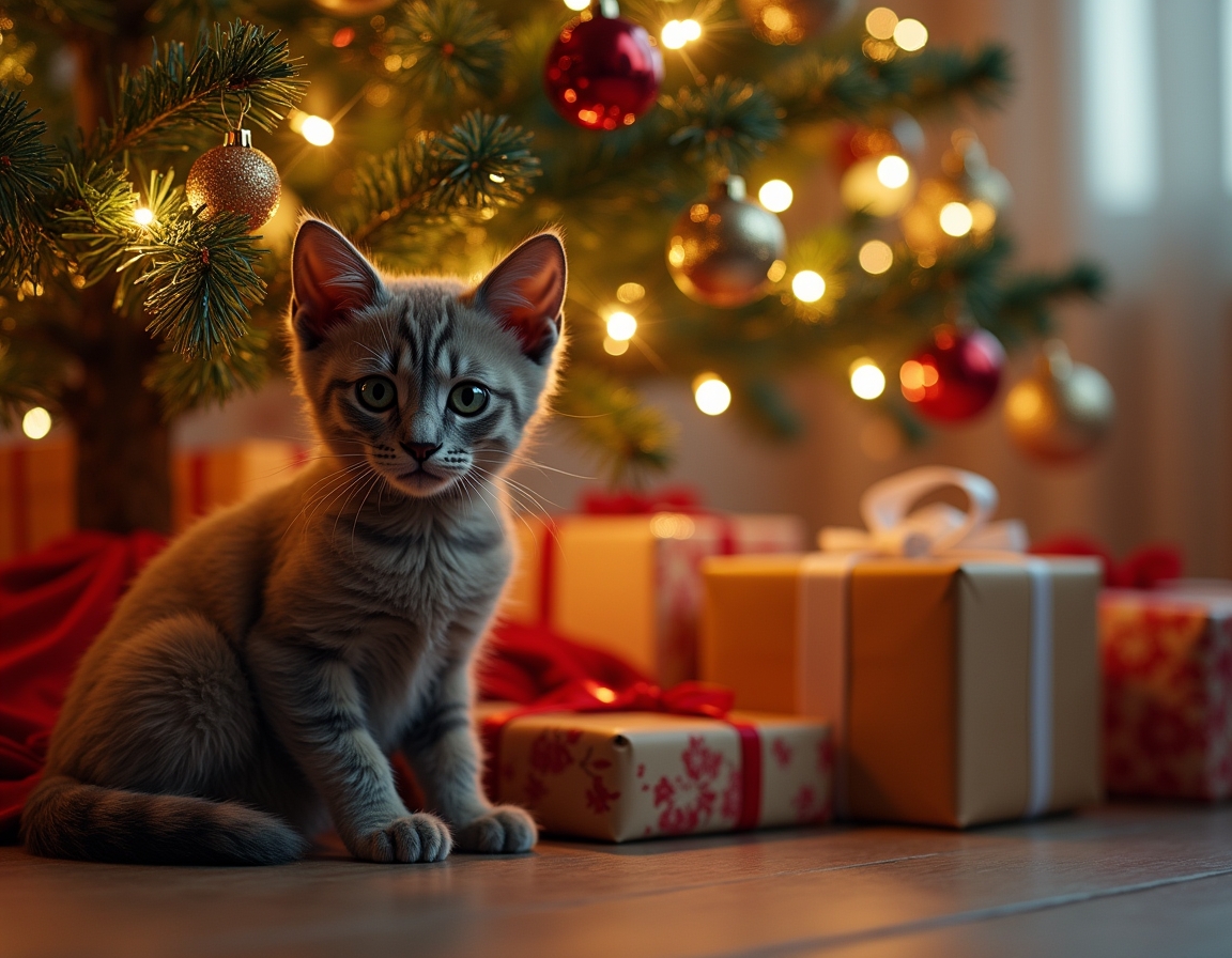 Cat sitting under a beautifully decorated Christmas tree, surrounded by twinkling lights, ornaments, and wrapped presents, with a warm, cozy glow.