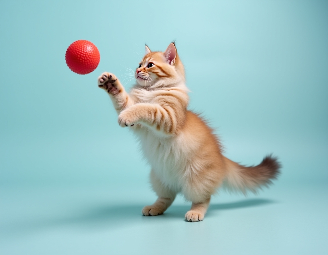 Playful studio photo of cat interacting with a bright red ball. The cat is mid-action with its paw raised, and the pastel blue background and balanced lighting create a cheerful, vibrant atmosphere that highlights the cat’s agility and energy.