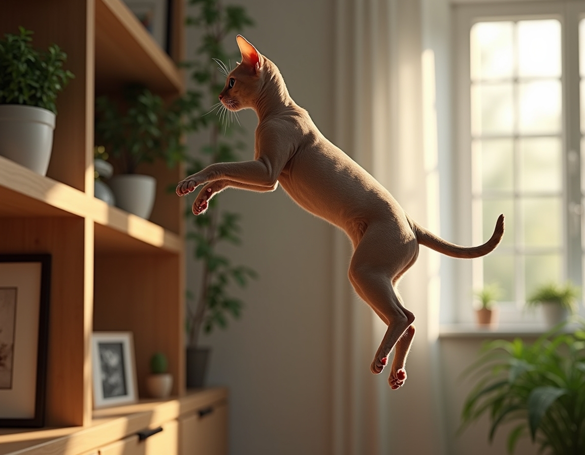 Cat leaps toward a tall shelf filled with books, plants, and framed photos. The room is well-lit with natural light, highlighting the cat’s graceful movement.