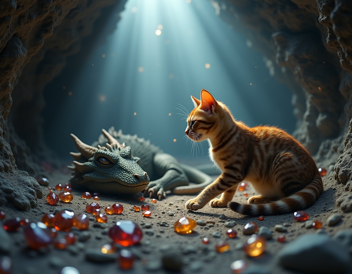 Cat explores a hidden cavern where a dragon slumbers among piles of glittering gems. Subtle beams of light illuminate the cat’s cautious journey through this fantastical realm.