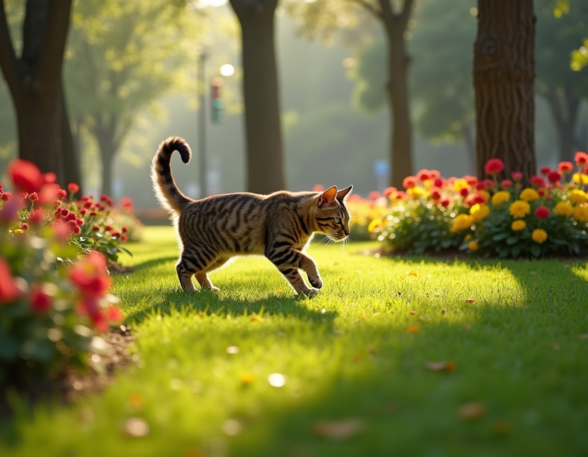 Cat enjoys a lively city park, playing and exploring the greenery amidst the urban backdrop.
