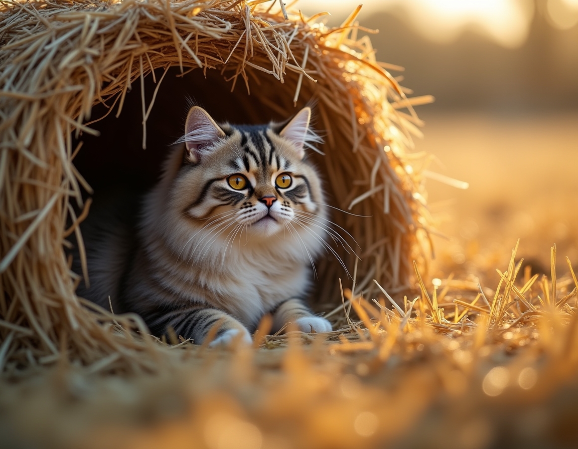 Cat finds a cozy nook within a haystack, soaking in the warmth and calm of the farm.