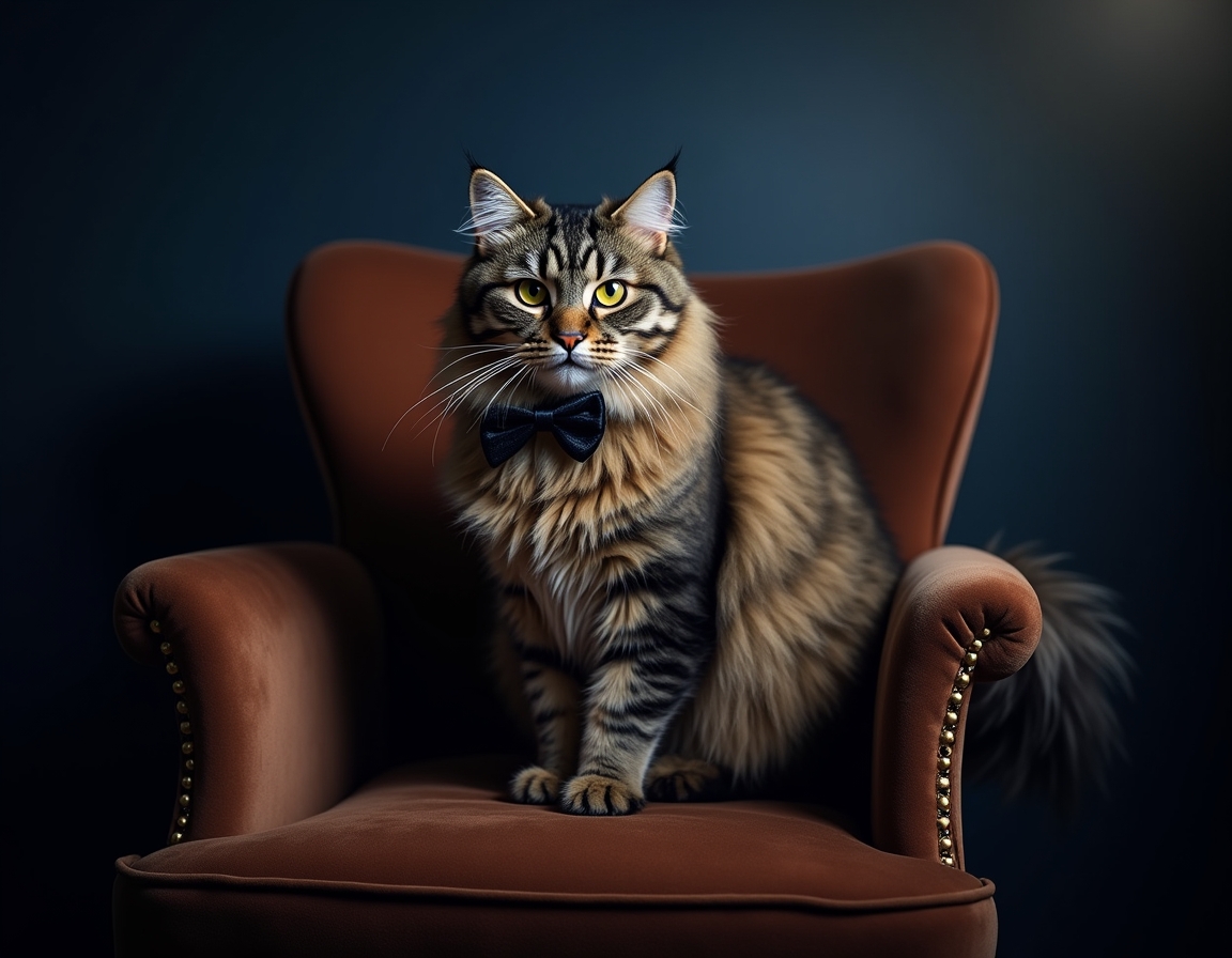Photorealistic image of cat posed on a luxurious velvet chair in a studio. The backdrop is a deep navy blue with soft spotlighting that highlights the cat's fur and a sleek black bowtie, giving the scene a sophisticated, formal atmosphere.