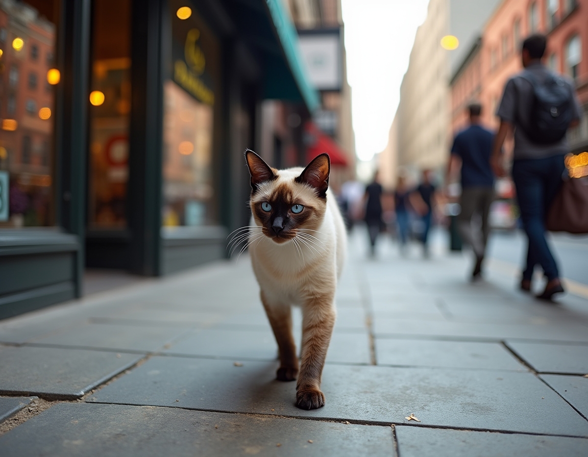 Cat strolls down a city sidewalk, confidently navigating the vibrant cityscape.