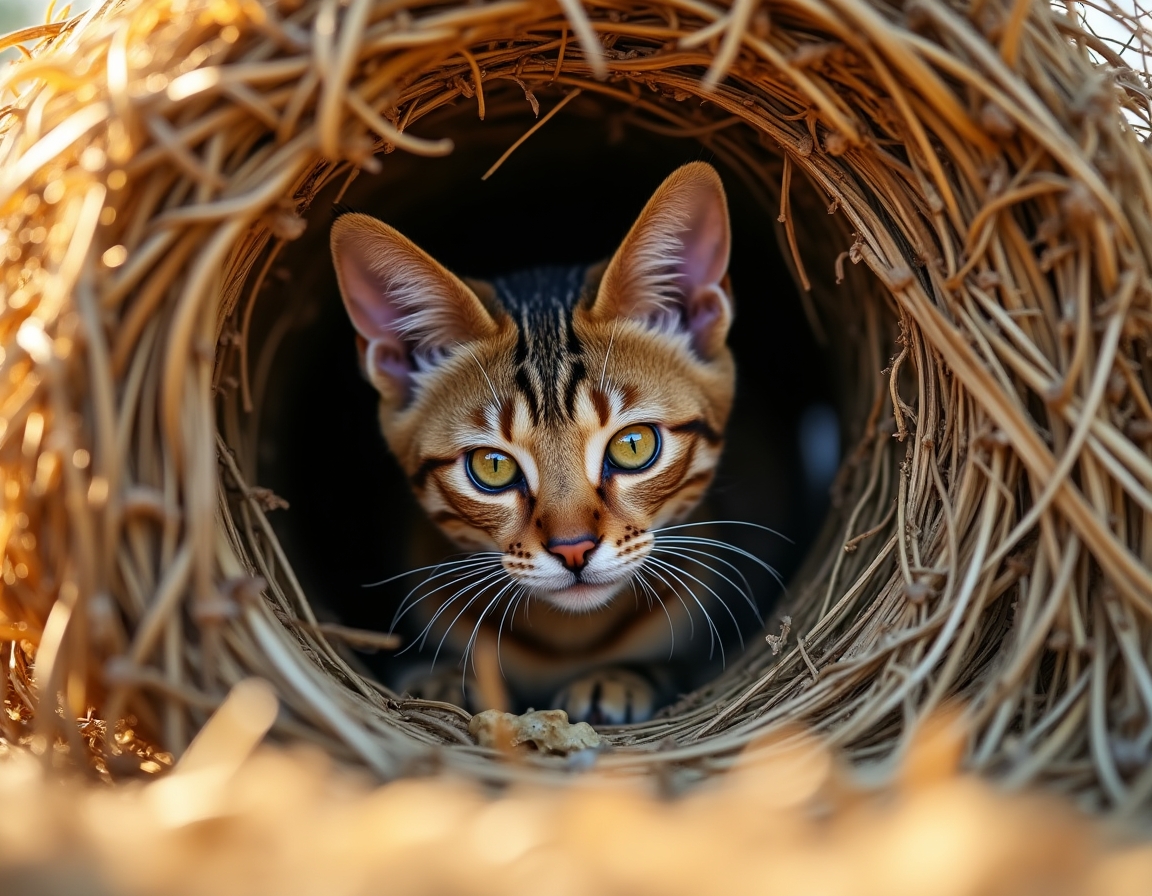 Cat finds a cozy nook within a haystack, soaking in the warmth and calm of the farm.