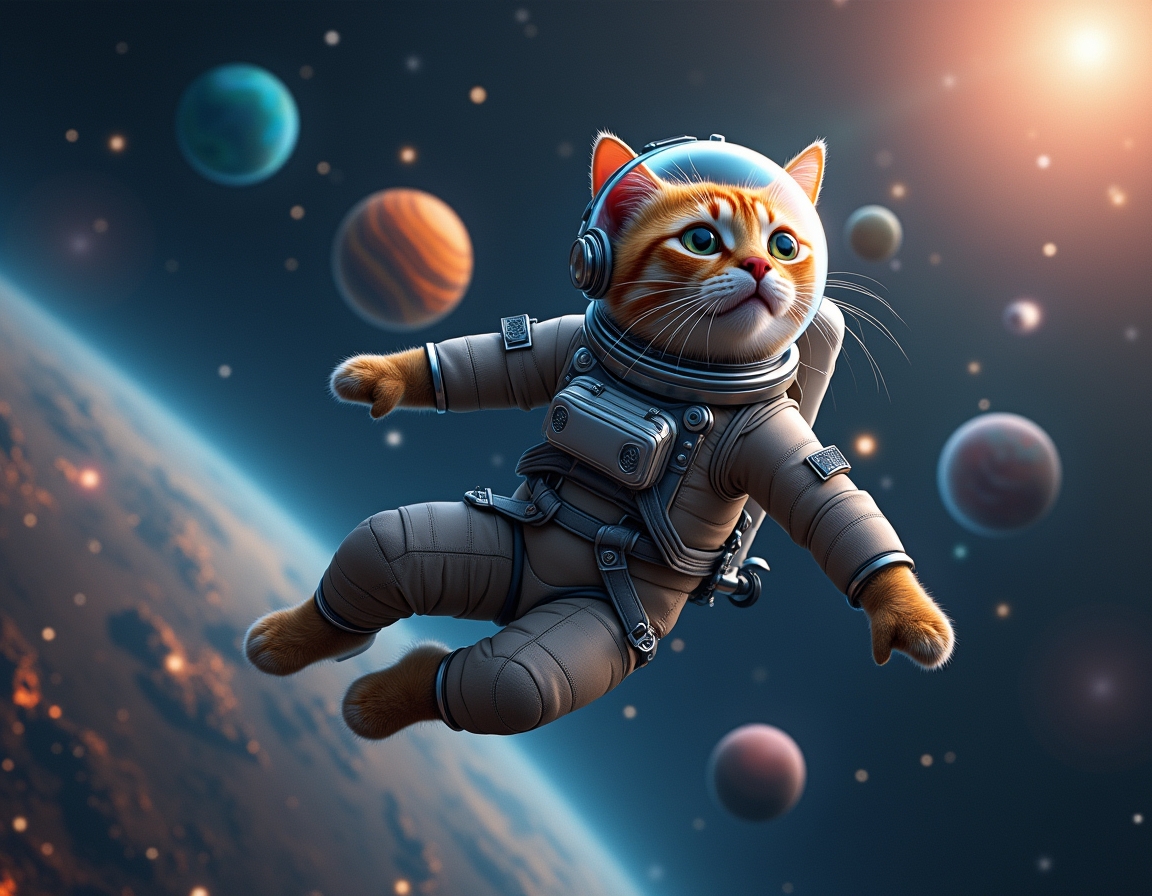 Cat floats weightlessly in space, wearing a high-tech spacesuit. Vibrant planets, shining stars, and distant nebulae create a stunning cosmic backdrop.