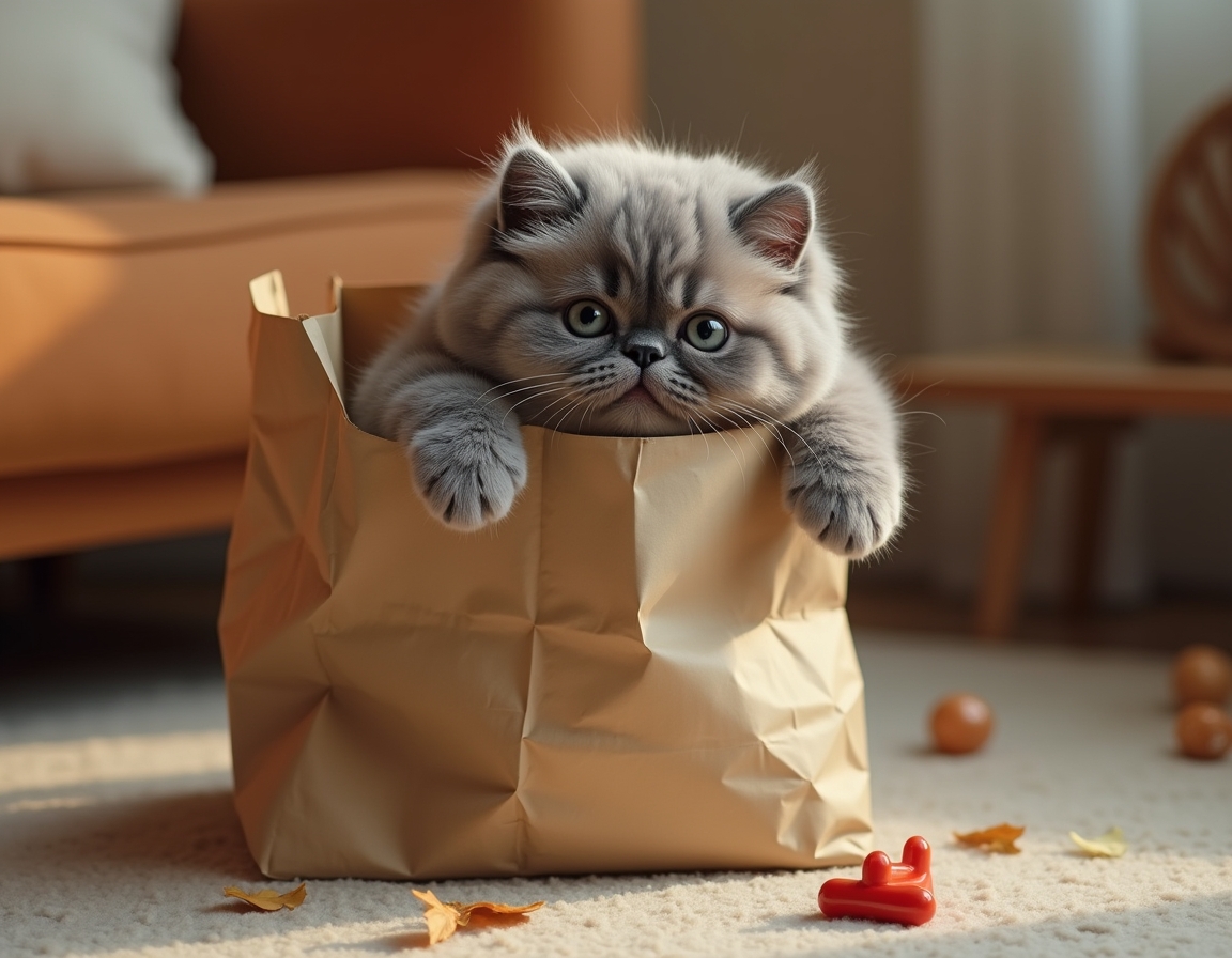 Cat hides partly inside a crumpled paper bag, with its paws playfully batting at the edges. The room features cozy decor with soft lighting and homey furniture.