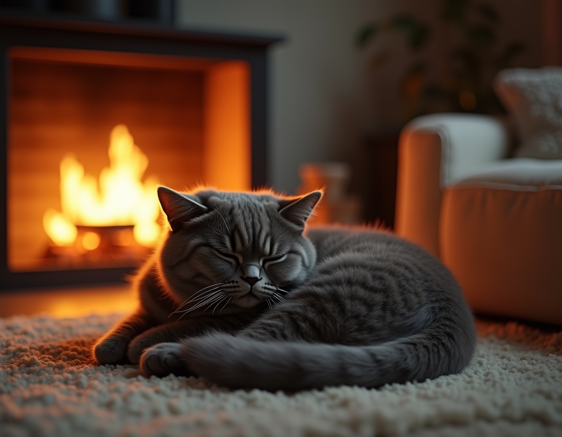 Cat is curled up on a plush rug in front of a glowing fireplace. Its fur glistens in the warm firelight, with cozy living room details like books and candles in the background.