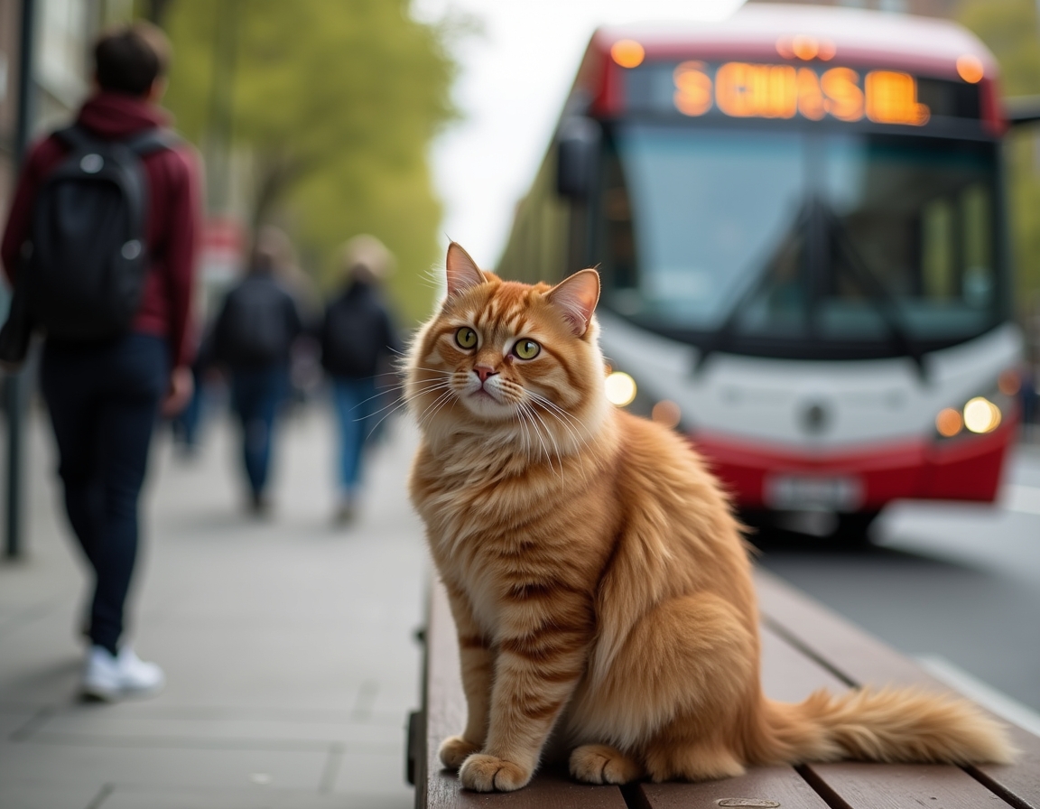 Cat observes the activity of a city bus stop, soaking in the energy of urban life.